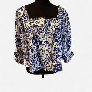 Rachel Zoe linen blend blue and white floral blouse Size Small